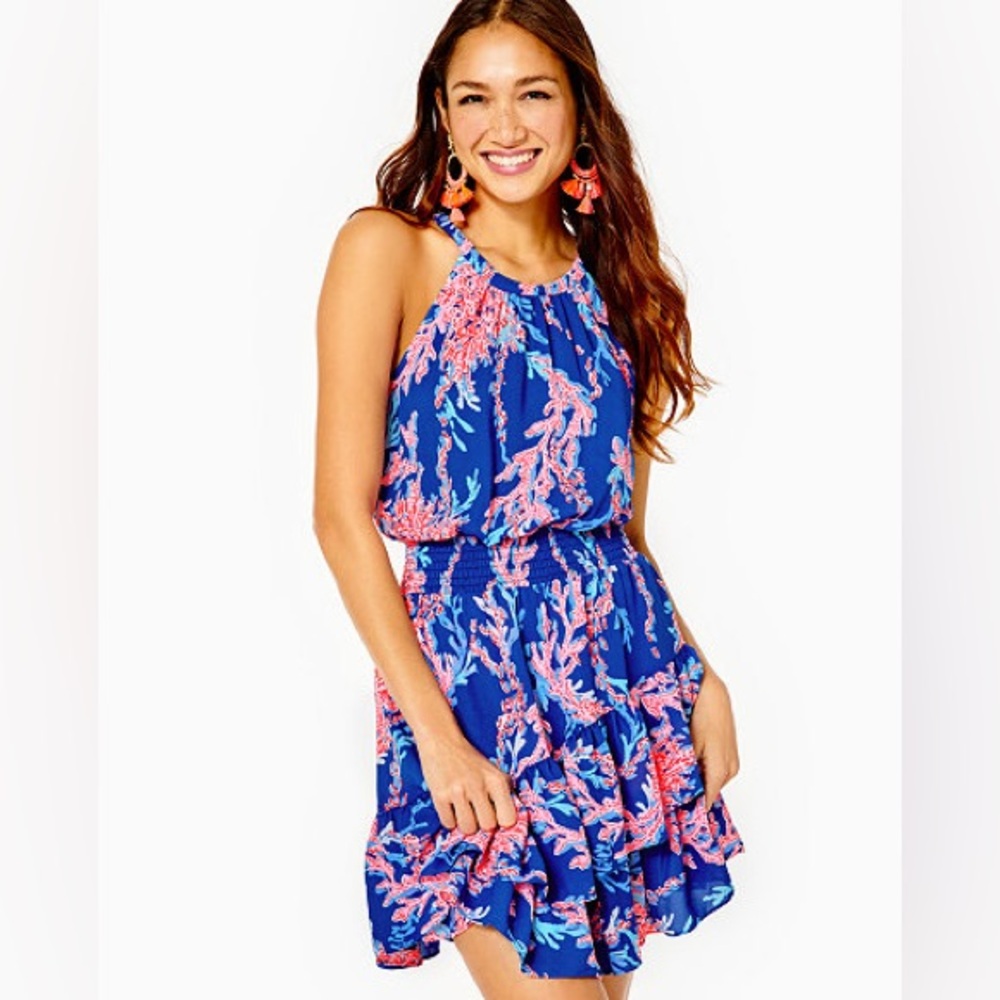 Lilly Pulitzer Blue Pink Coral Reef Halter Dress Smocked Waist Resort Size 0